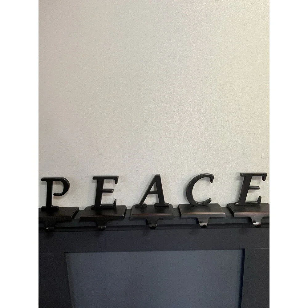 Pottery Barn PEACE Holiday Stocking Holders (5) Pieces Metal Christmas heavy